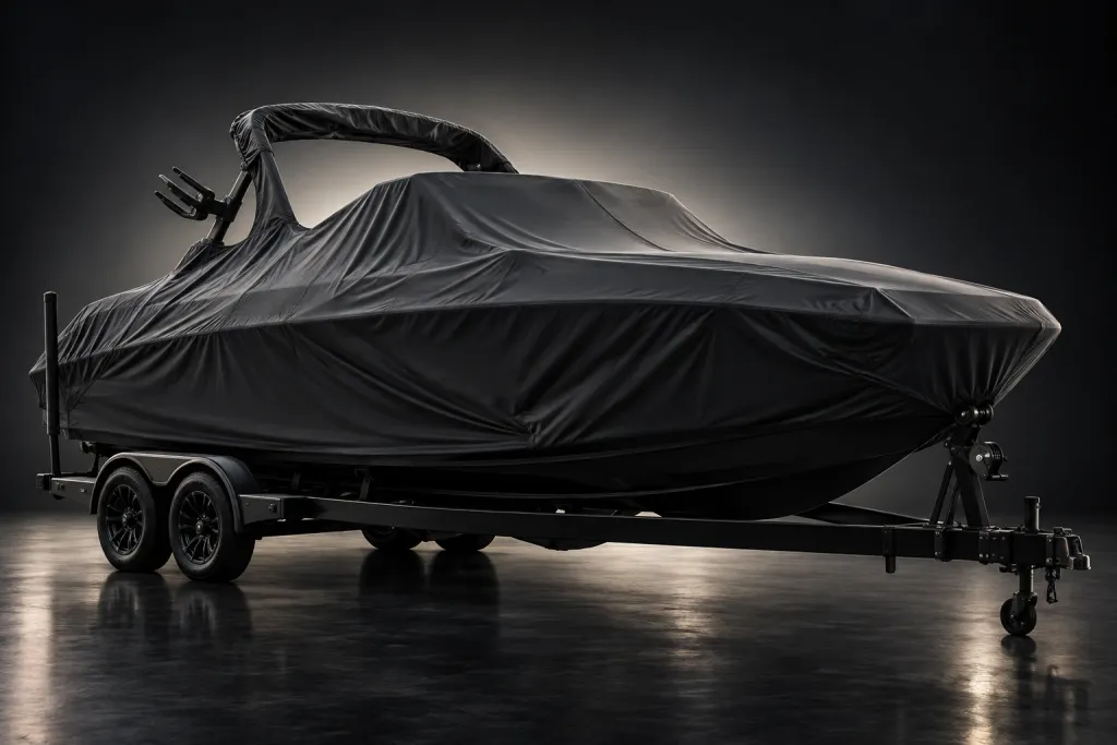Placeholder image of a covered boat on its trailer, not a photo of this boat