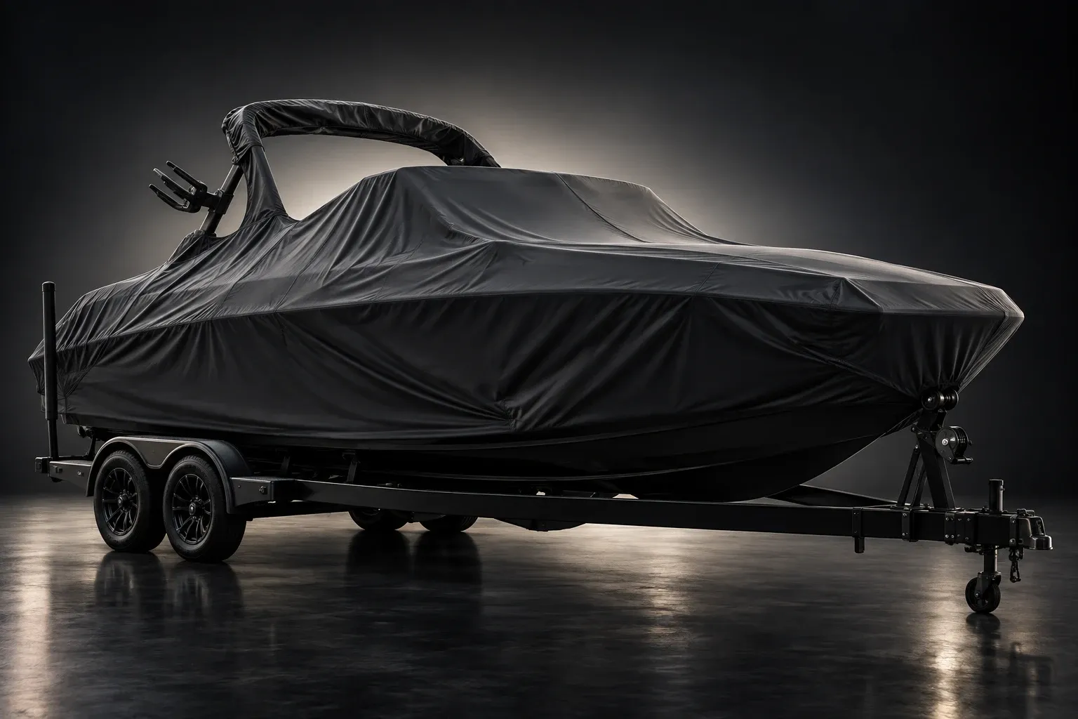 Placeholder image of a covered boat on its trailer, not a photo of this boat