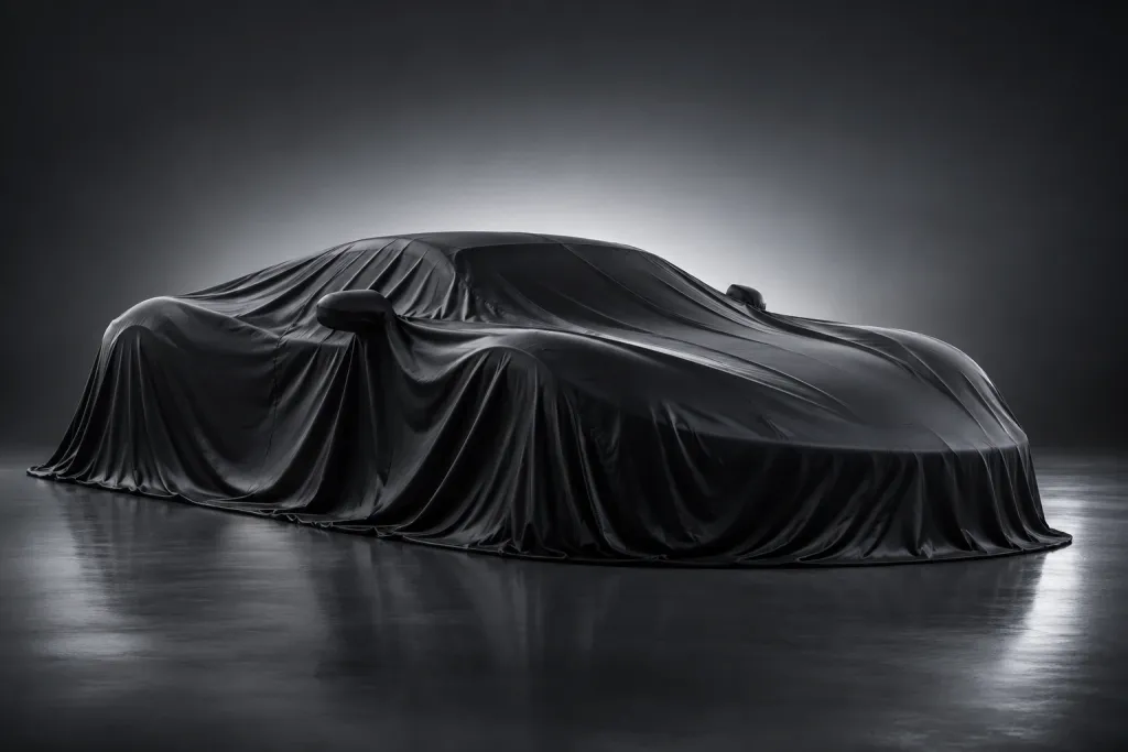 Placeholder image of a covered supercar, not a photo of this car