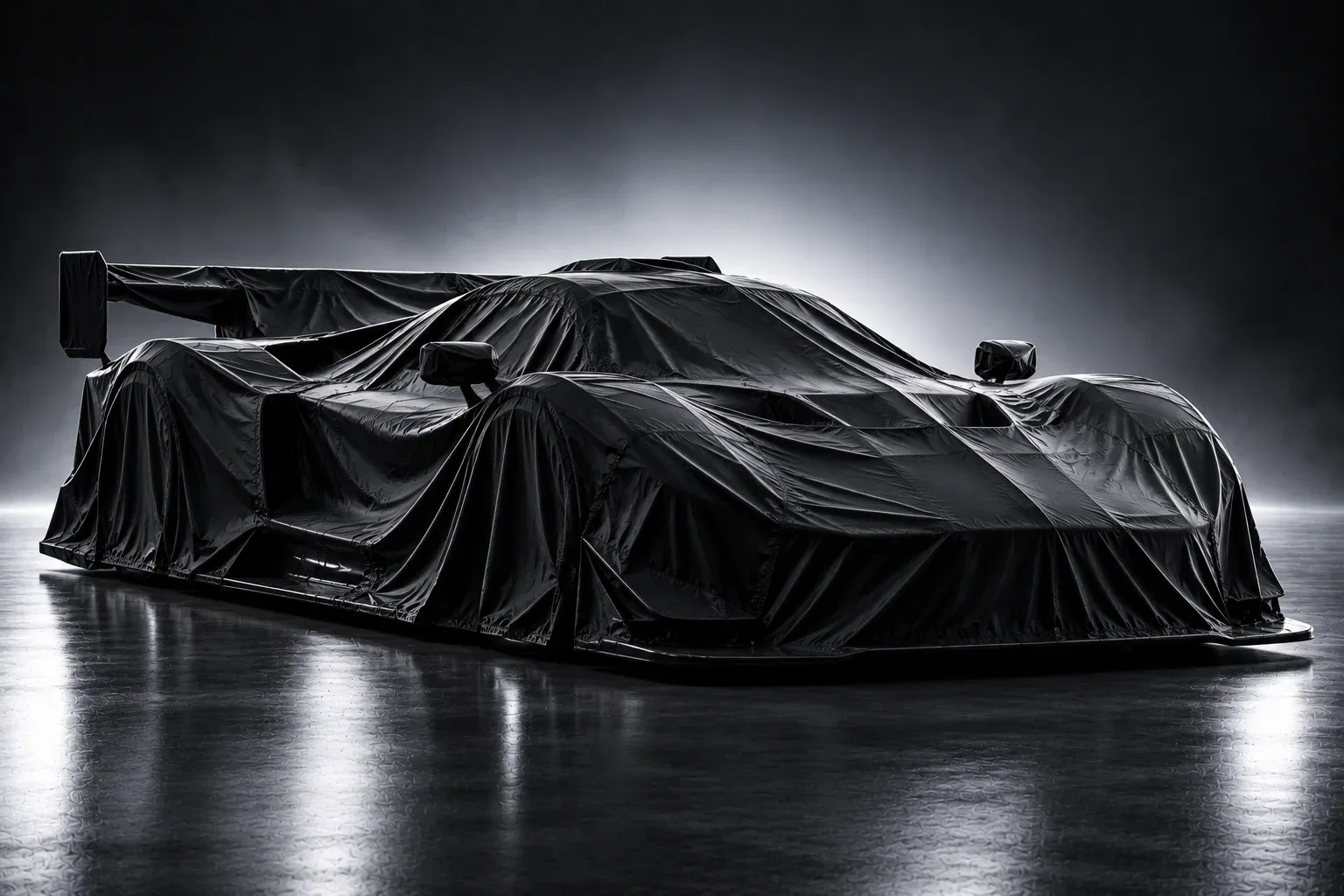 Placeholder image of a covered race car, not a photo of this race car